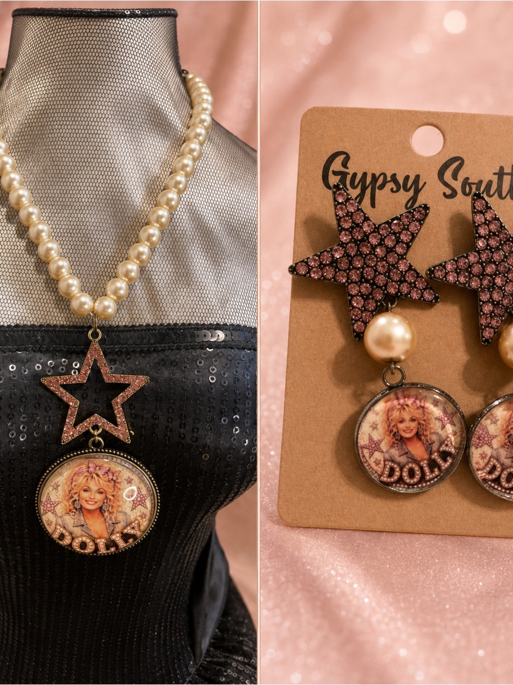 Pearl Necklace with Pink Star and Dolly Pendant w/ matching earrings Gypsy South